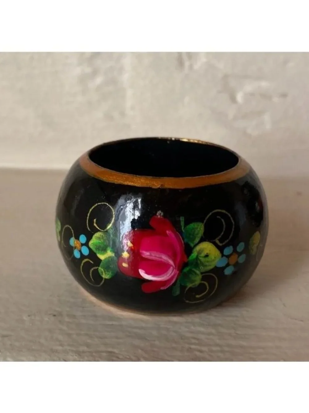 Russian Hand Painted Black Laquered Wood Floral Napkin Rings